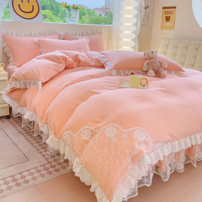 91家纺网 家纺一手货源 找家纺 金米诺 2024新款韩版花边水洗磨毛床裙四件套 玉色