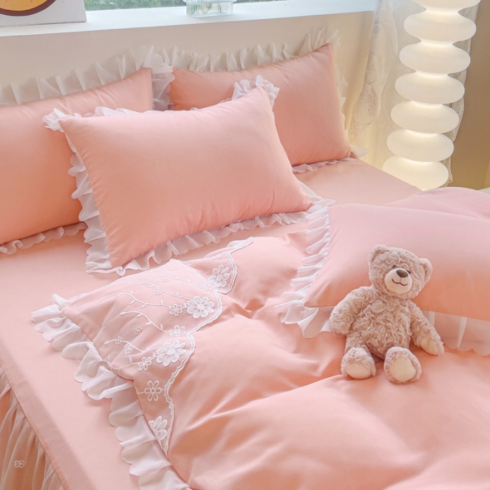 91家纺网 家纺一手货源 找家纺 金米诺 2024新款韩版花边水洗磨毛床裙四件套 玉色