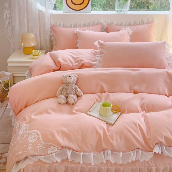 91家纺网 家纺一手货源 找家纺 金米诺 2024新款韩版花边水洗磨毛床裙四件套 玉色