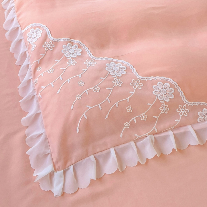 91家纺网 家纺一手货源 找家纺 金米诺 2024新款韩版花边水洗磨毛床裙四件套 玉色