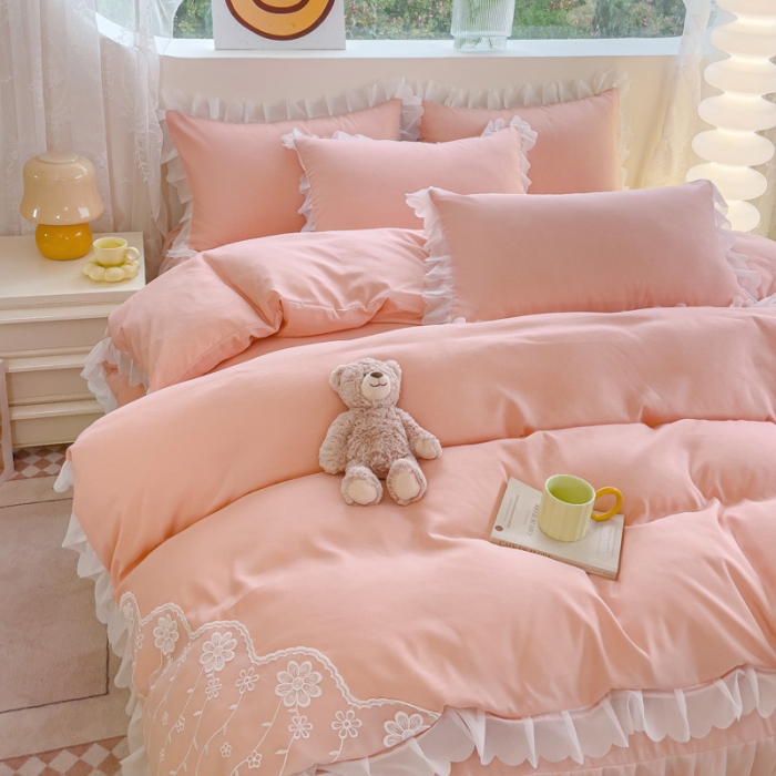 91家纺网 家纺一手货源 找家纺 金米诺 2024新款韩版花边水洗磨毛床裙四件套 玉色