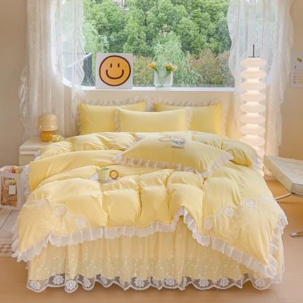 91家纺网 家纺一手货源 找家纺 金米诺 2024新款韩版花边水洗磨毛床裙四件套 奶油黄