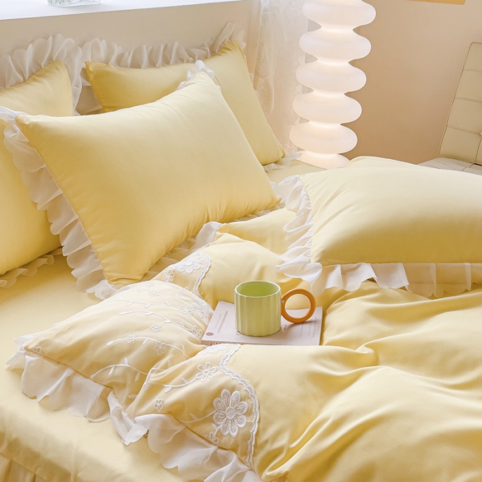 91家纺网 家纺一手货源 找家纺 金米诺 2024新款韩版花边水洗磨毛床裙四件套 奶油黄
