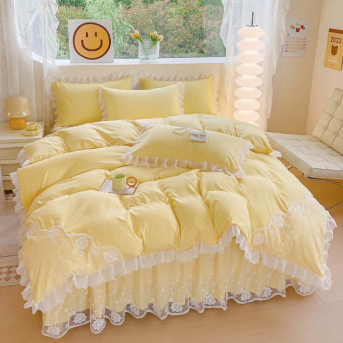 91家纺网 家纺一手货源 找家纺 金米诺 2024新款韩版花边水洗磨毛床裙四件套 奶油黄