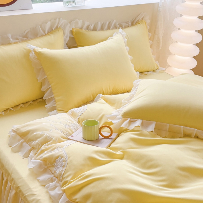 91家纺网 家纺一手货源 找家纺 金米诺 2024新款韩版花边水洗磨毛床裙四件套 奶油黄