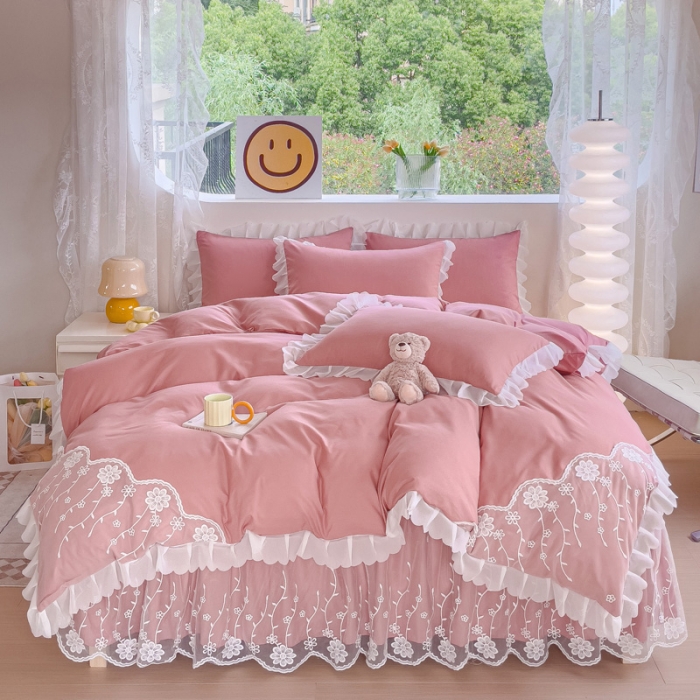 91家纺网 家纺一手货源 找家纺 金米诺 2024新款韩版花边水洗磨毛床裙四件套 豆沙