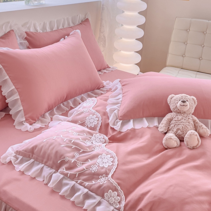 91家纺网 家纺一手货源 找家纺 金米诺 2024新款韩版花边水洗磨毛床裙四件套 豆沙