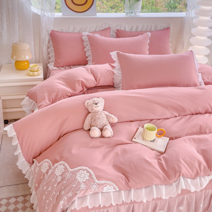 91家纺网 家纺一手货源 找家纺 金米诺 2024新款韩版花边水洗磨毛床裙四件套 豆沙