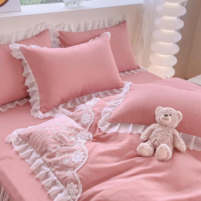 91家纺网 家纺一手货源 找家纺 金米诺 2024新款韩版花边水洗磨毛床裙四件套 豆沙