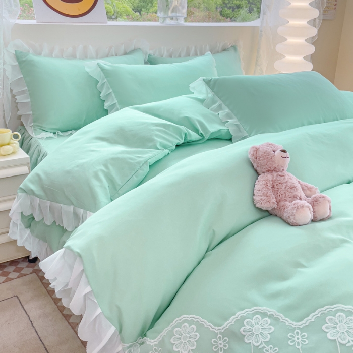91家纺网 家纺一手货源 找家纺 金米诺 2024新款韩版花边水洗磨毛床裙四件套 浅绿