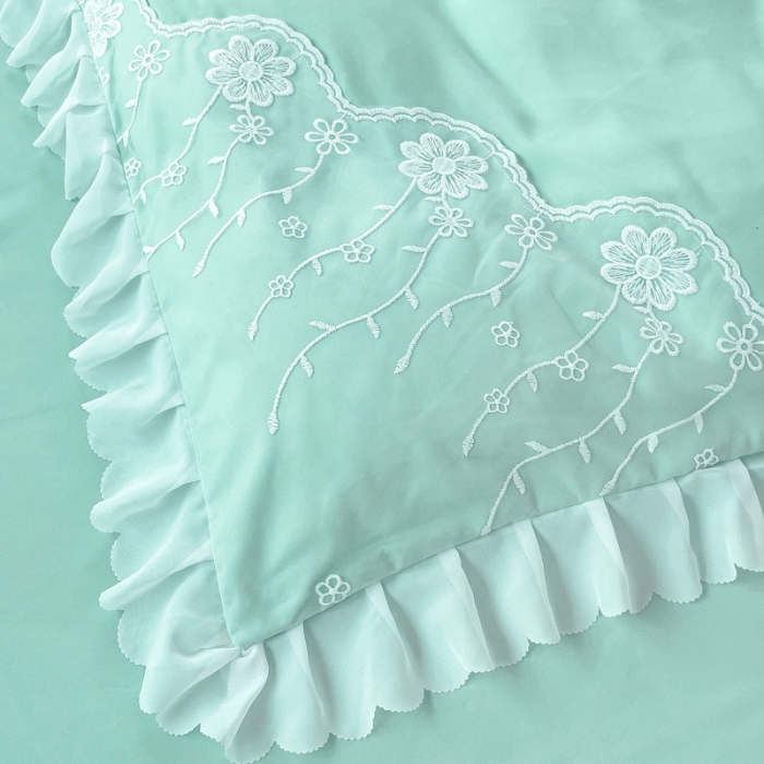 91家纺网 家纺一手货源 找家纺 金米诺 2024新款韩版花边水洗磨毛床裙四件套 浅绿