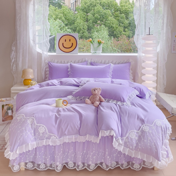 91家纺网 家纺一手货源 找家纺 金米诺 2024新款韩版花边水洗磨毛床裙四件套 香芋紫