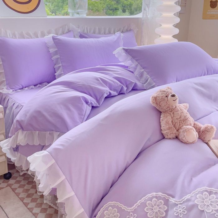 91家纺网 家纺一手货源 找家纺 金米诺 2024新款韩版花边水洗磨毛床裙四件套 香芋紫