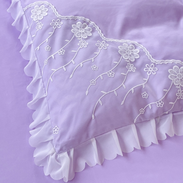 91家纺网 家纺一手货源 找家纺 金米诺 2024新款韩版花边水洗磨毛床裙四件套 香芋紫