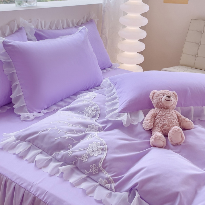 91家纺网 家纺一手货源 找家纺 金米诺 2024新款韩版花边水洗磨毛床裙四件套 香芋紫