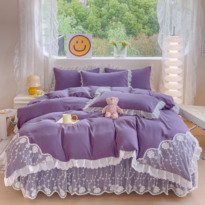 91家纺网 家纺一手货源 找家纺 金米诺 2024新款韩版花边水洗磨毛床裙四件套 紫色