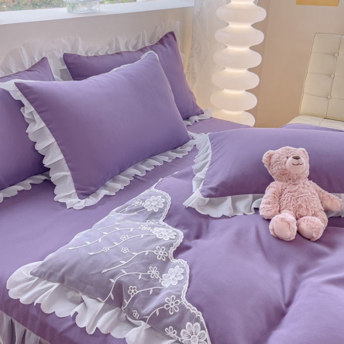 91家纺网 家纺一手货源 找家纺 金米诺 2024新款韩版花边水洗磨毛床裙四件套 紫色