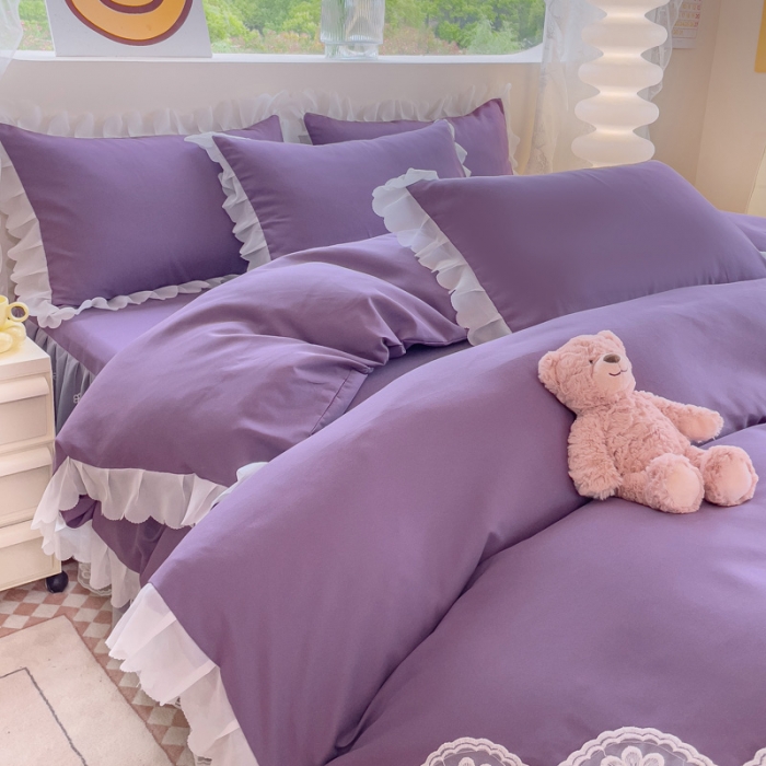 91家纺网 家纺一手货源 找家纺 金米诺 2024新款韩版花边水洗磨毛床裙四件套 紫色