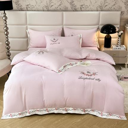 91家纺网 家纺一手货源 找家纺 易辰美 2024新款A类高克重水洗磨毛云柔棉刺绣四件套 少女粉