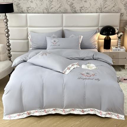 91家纺网 家纺一手货源 找家纺 易辰美 2024新款A类高克重水洗磨毛云柔棉刺绣四件套 绅士灰