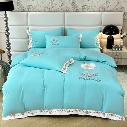 91家纺网 家纺一手货源 找家纺 易辰美 2024新款A类高克重水洗磨毛云柔棉刺绣四件套 松石蓝