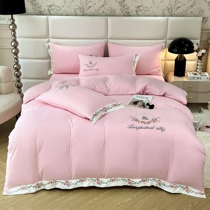 91家纺网 家纺一手货源 找家纺 易辰美 2024新款A类高克重水洗磨毛云柔棉刺绣四件套 樱花粉