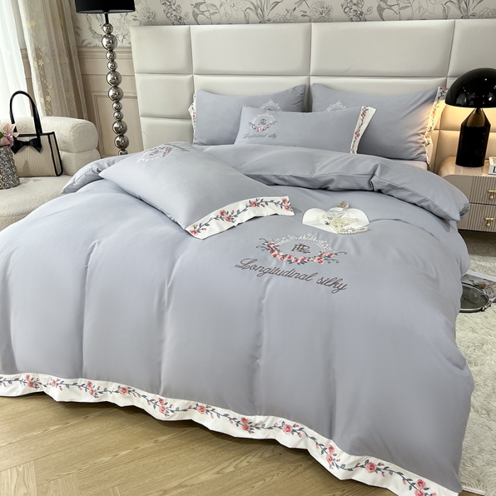 91家纺网 家纺一手货源 找家纺 易辰美 2024新款A类高克重水洗磨毛云柔棉刺绣四件套 绅士灰