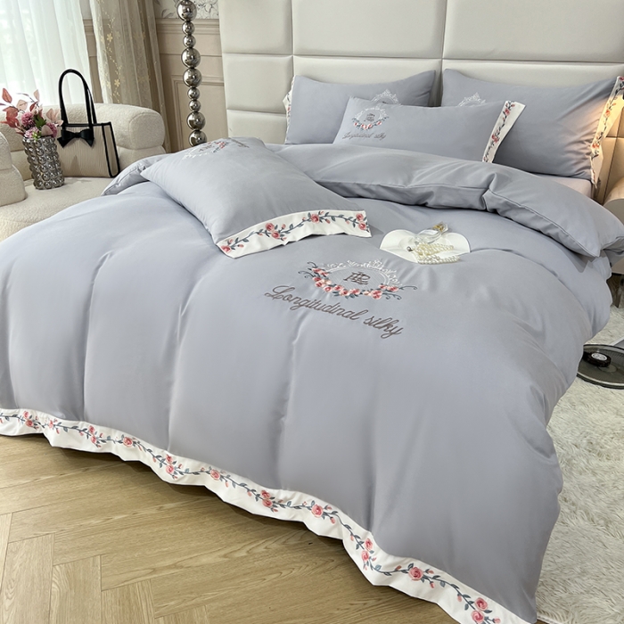 91家纺网 家纺一手货源 找家纺 易辰美 2024新款A类高克重水洗磨毛云柔棉刺绣四件套 绅士灰