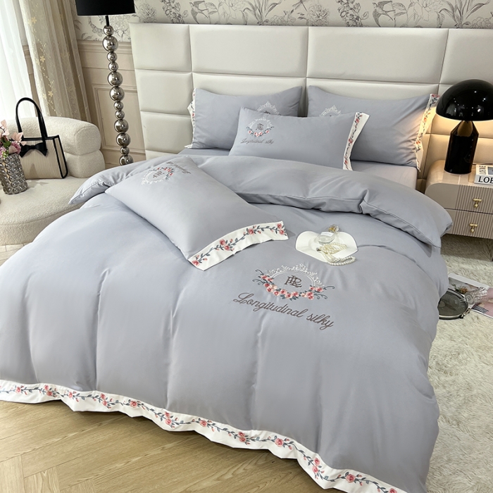 91家纺网 家纺一手货源 找家纺 易辰美 2024新款A类高克重水洗磨毛云柔棉刺绣四件套 绅士灰