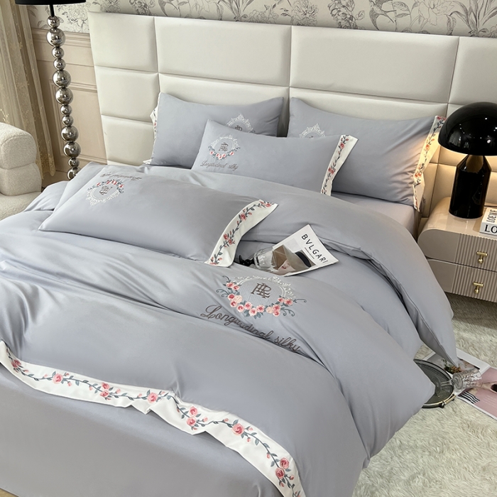 91家纺网 家纺一手货源 找家纺 易辰美 2024新款A类高克重水洗磨毛云柔棉刺绣四件套 绅士灰