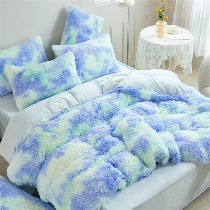 91家纺网 家纺一手货源 找家纺 品尚嘉家纺2025新款扎染水貂绒四件套长毛绒保暖套件 薄荷绿