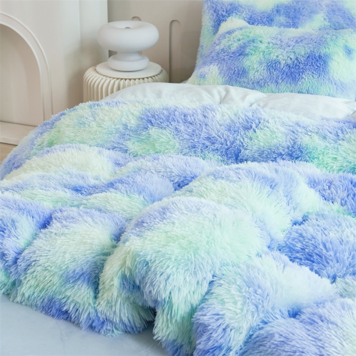 91家纺网 家纺一手货源 找家纺 品尚嘉家纺2025新款扎染水貂绒四件套长毛绒保暖套件 薄荷绿