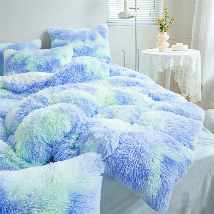 91家纺网 家纺一手货源 找家纺 品尚嘉家纺2025新款扎染水貂绒四件套长毛绒保暖套件 薄荷绿