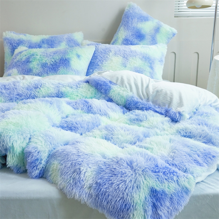 91家纺网 家纺一手货源 找家纺 品尚嘉家纺2025新款扎染水貂绒四件套长毛绒保暖套件 薄荷绿