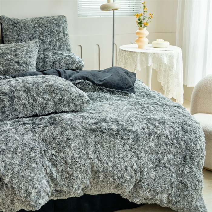 91家纺网 家纺一手货源 找家纺 品尚嘉家纺2025新款扎染水貂绒四件套长毛绒保暖套件 黑色磨白