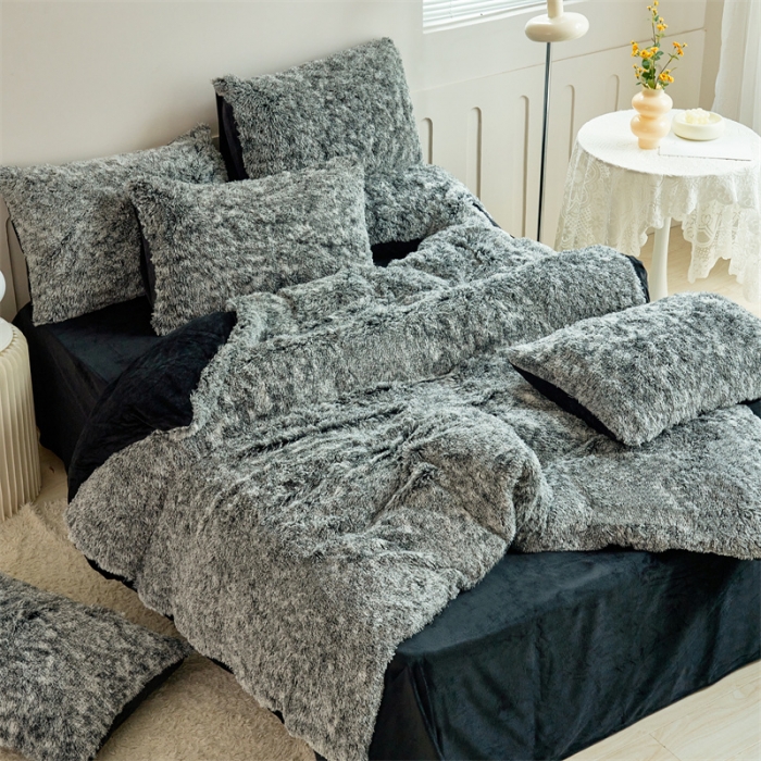 91家纺网 家纺一手货源 找家纺 品尚嘉家纺2025新款扎染水貂绒四件套长毛绒保暖套件 黑色磨白