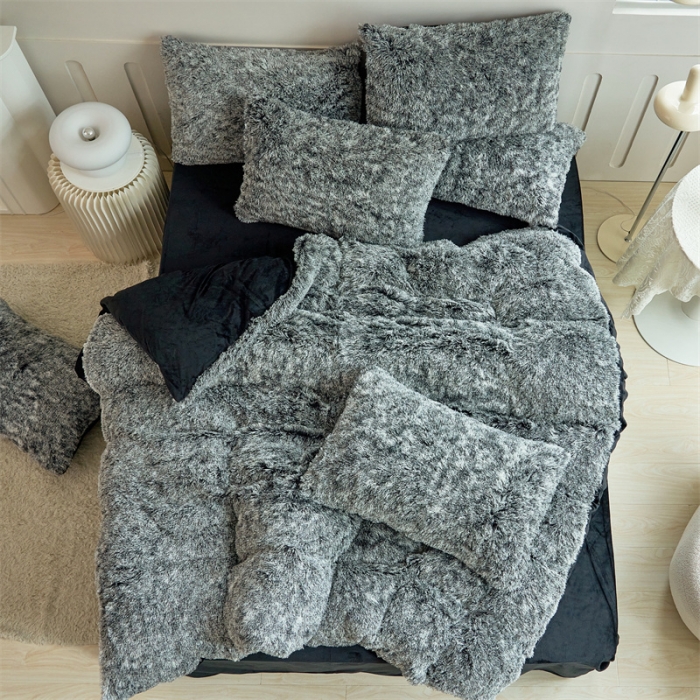 91家纺网 家纺一手货源 找家纺 品尚嘉家纺2025新款扎染水貂绒四件套长毛绒保暖套件 黑色磨白