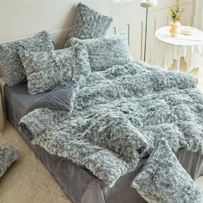 91家纺网 家纺一手货源 找家纺 品尚嘉家纺2025新款扎染水貂绒四件套长毛绒保暖套件 灰色磨白