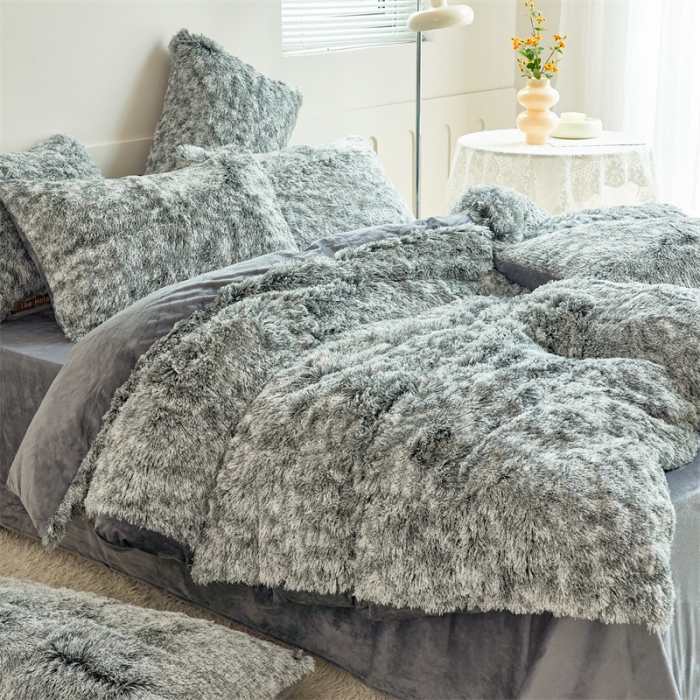 91家纺网 家纺一手货源 找家纺 品尚嘉家纺2025新款扎染水貂绒四件套长毛绒保暖套件 灰色磨白