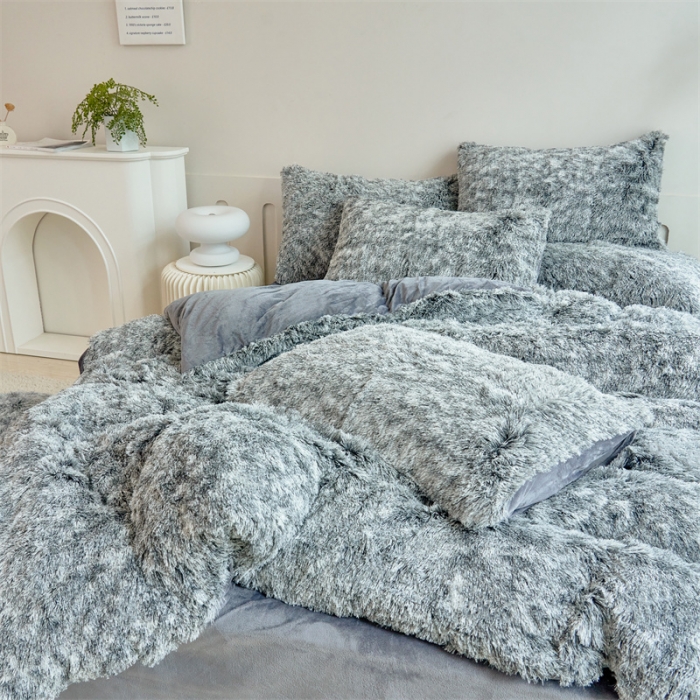 91家纺网 家纺一手货源 找家纺 品尚嘉家纺2025新款扎染水貂绒四件套长毛绒保暖套件 灰色磨白