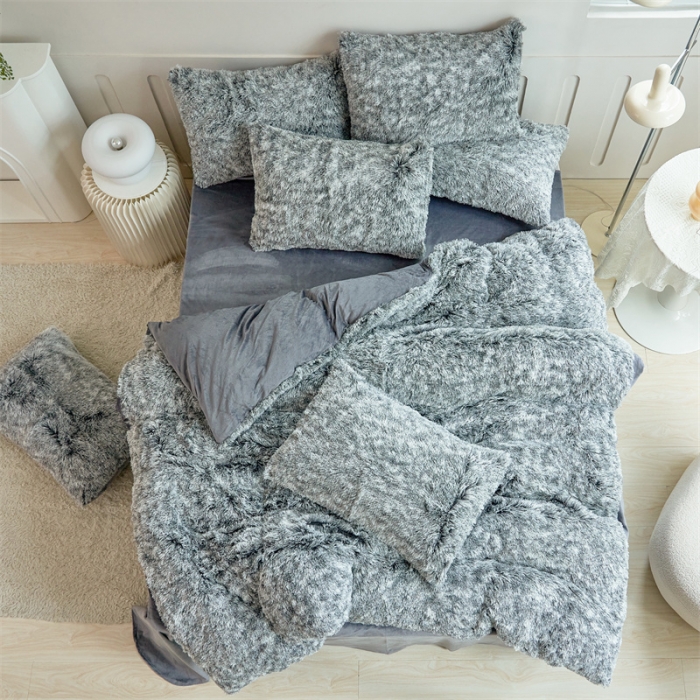 91家纺网 家纺一手货源 找家纺 品尚嘉家纺2025新款扎染水貂绒四件套长毛绒保暖套件 灰色磨白