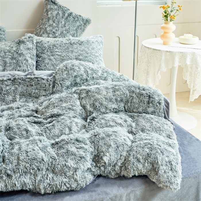 91家纺网 家纺一手货源 找家纺 品尚嘉家纺2025新款扎染水貂绒四件套长毛绒保暖套件 灰色磨白