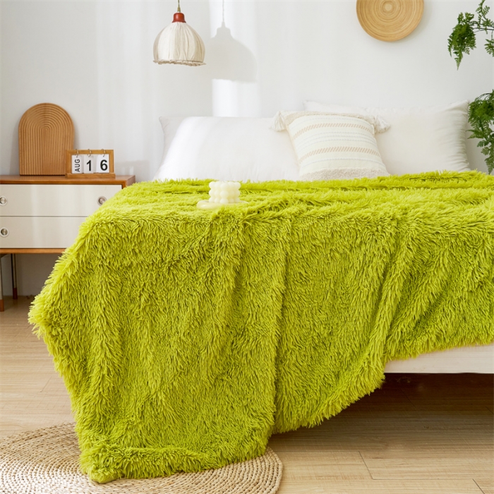 91家纺网 家纺一手货源 找家纺 品尚嘉2025水貂绒毛毯长毛绒法莱绒双层跨境外贸毯子 草绿