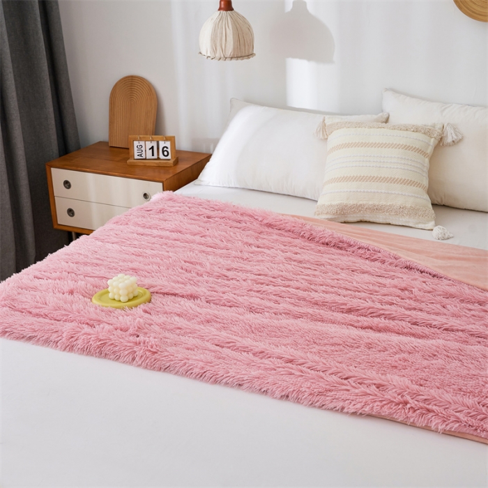 91家纺网 家纺一手货源 找家纺 品尚嘉2025水貂绒毛毯长毛绒法莱绒双层跨境外贸毯子 豆沙粉