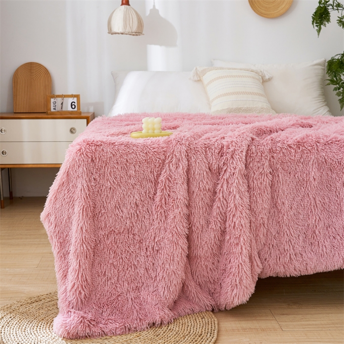 91家纺网 家纺一手货源 找家纺 品尚嘉2025水貂绒毛毯长毛绒法莱绒双层跨境外贸毯子 豆沙粉