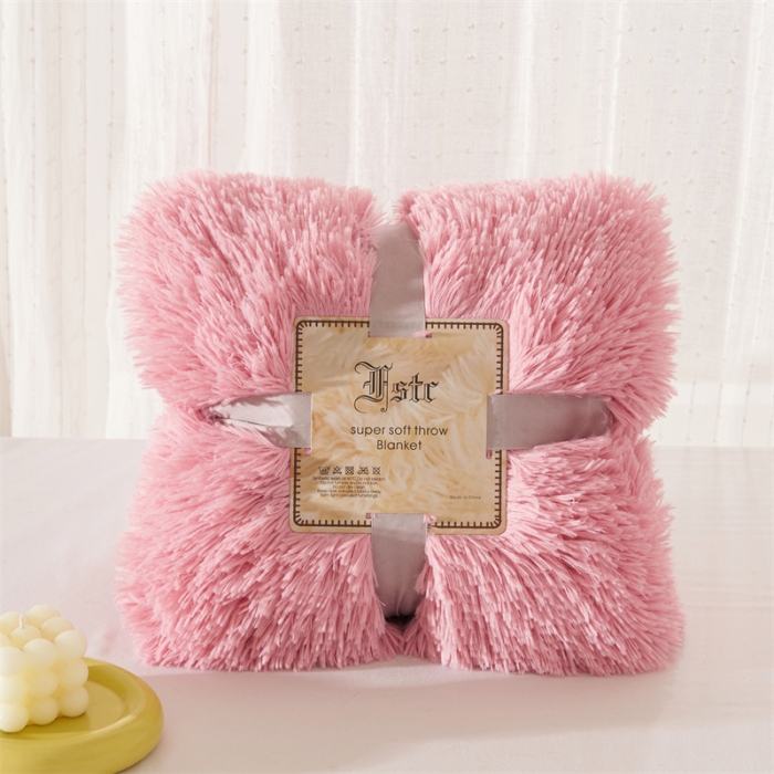 91家纺网 家纺一手货源 找家纺 品尚嘉2025水貂绒毛毯长毛绒法莱绒双层跨境外贸毯子 豆沙粉