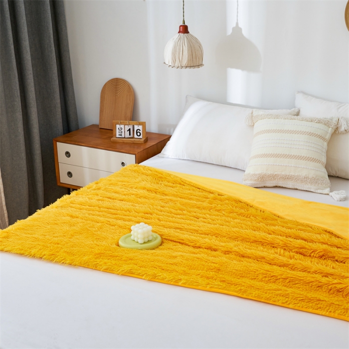 91家纺网 家纺一手货源 找家纺 品尚嘉2025水貂绒毛毯长毛绒法莱绒双层跨境外贸毯子 黄色