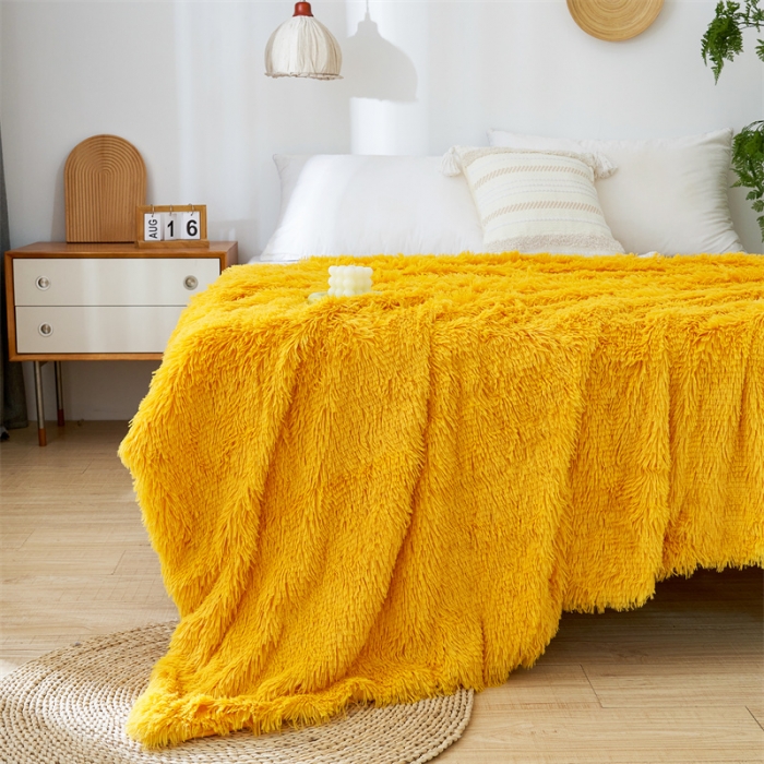 91家纺网 家纺一手货源 找家纺 品尚嘉2025水貂绒毛毯长毛绒法莱绒双层跨境外贸毯子 黄色