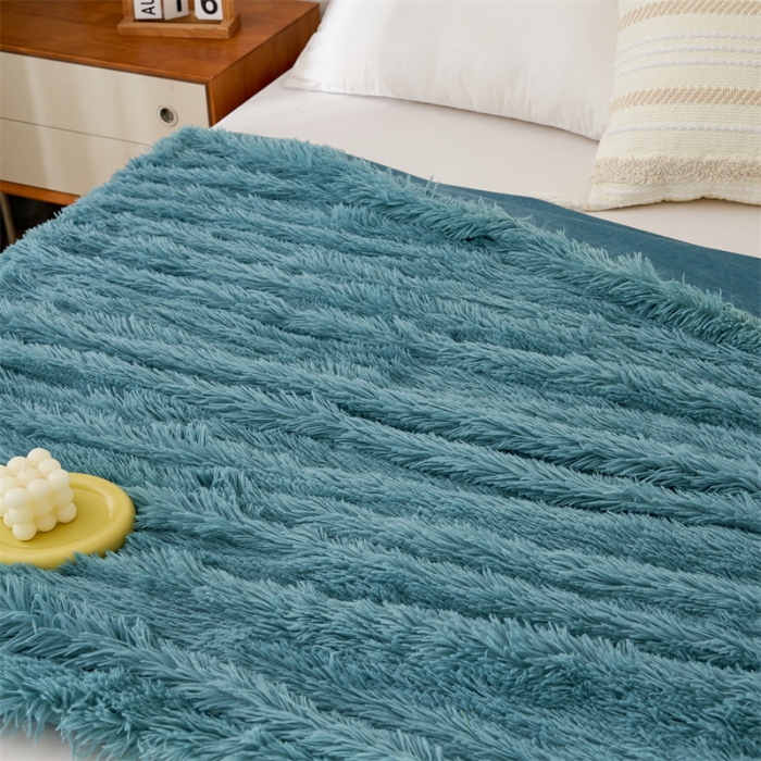 91家纺网 家纺一手货源 找家纺 品尚嘉2025水貂绒毛毯长毛绒法莱绒双层跨境外贸毯子 雾蓝