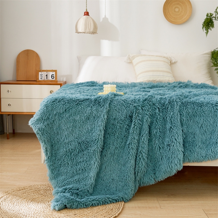 91家纺网 家纺一手货源 找家纺 品尚嘉2025水貂绒毛毯长毛绒法莱绒双层跨境外贸毯子 雾蓝